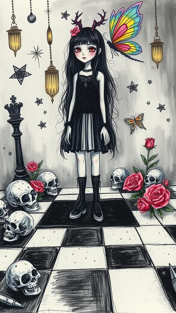 Childlike Crayon Drawing of Goth Woman on Chessboard