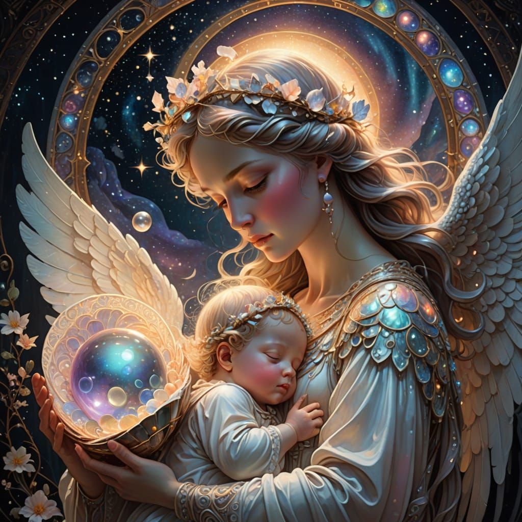 Glowing Angel Holding Pearl Shell in Rococo Style