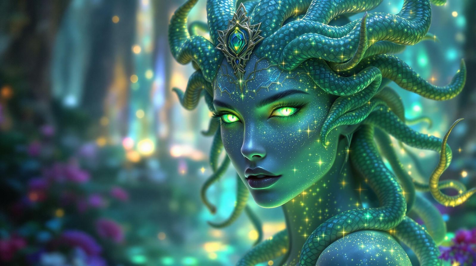 Opalised Medusa in Crystal Forest: Hyperrealistic Art
