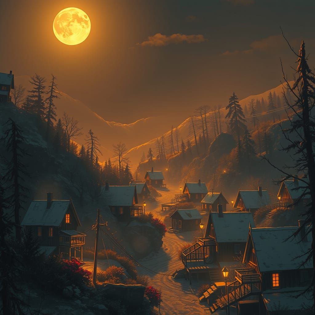 Moonlit Village in Dreamy Digital Art Style