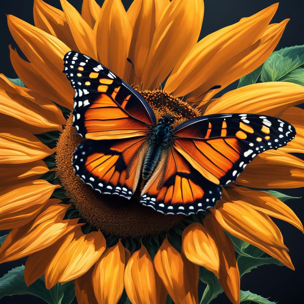 Hyperrealistic Orange Butterfly on Sunflower Splash Art