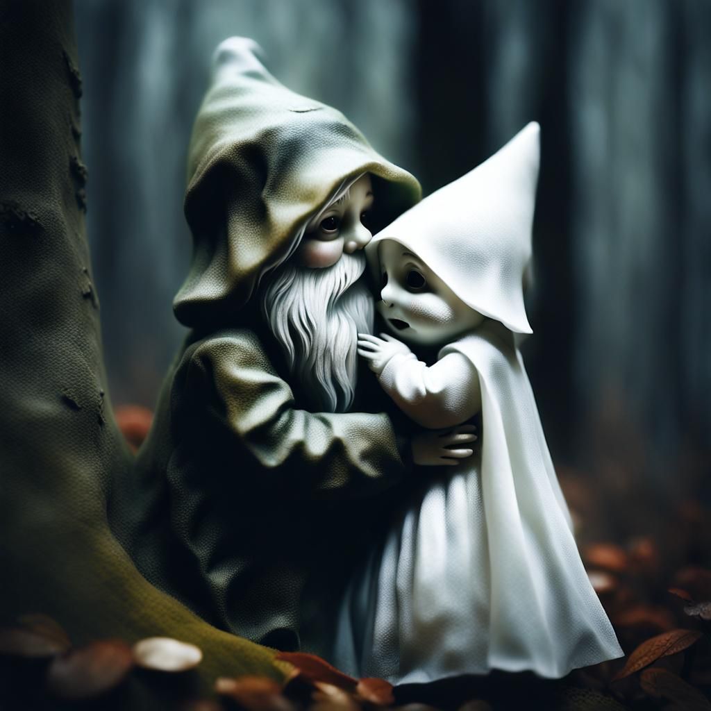 Garden Gnome Hugging Ghost in Rainy Forest
