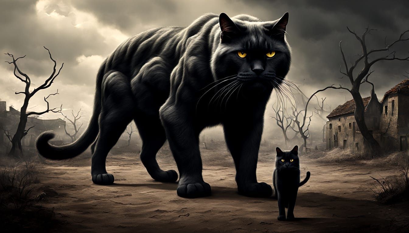 Surreal Dark Giant Cats in Damaged Landscape