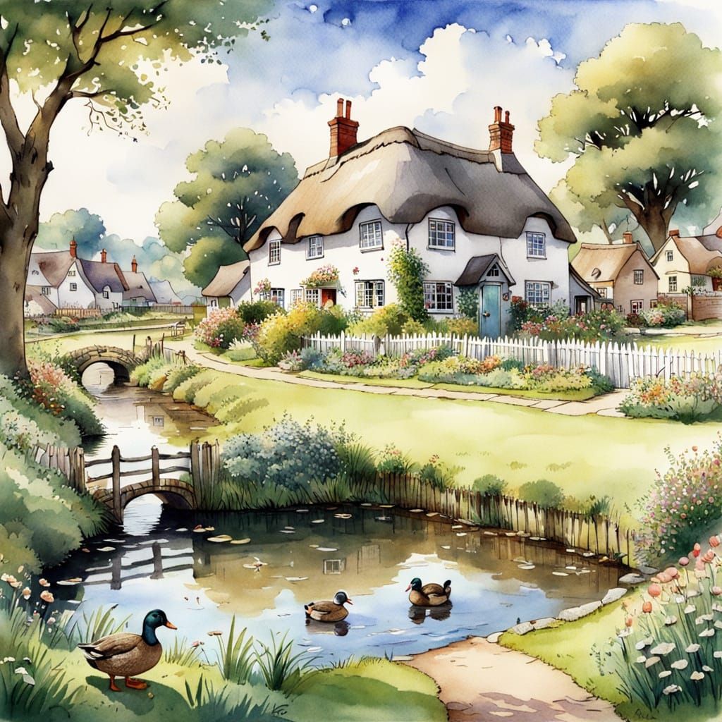 Quaint Village Green Scene in Watercolour Style