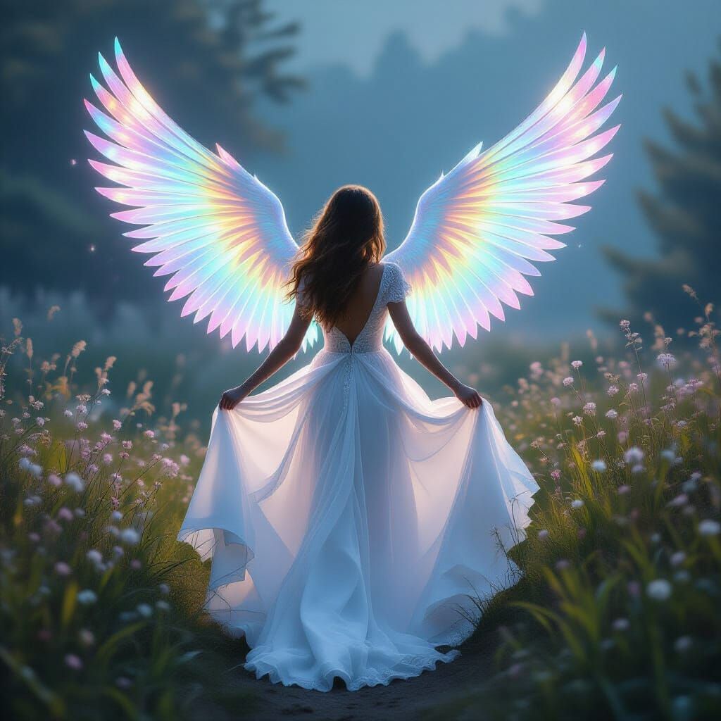 Bride Ascends as Celestial Being with Ethereal Wings