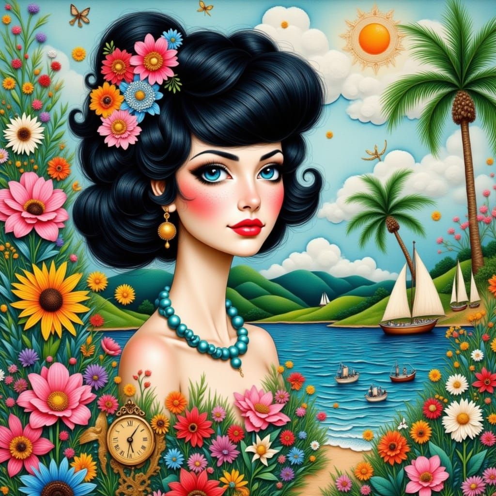 Collage Portrait of Raven-Haired Woman in Retro Style