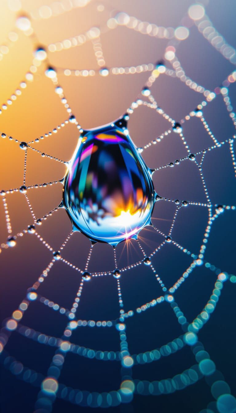 Rainbow Refraction in Dewdrop on Spiderweb