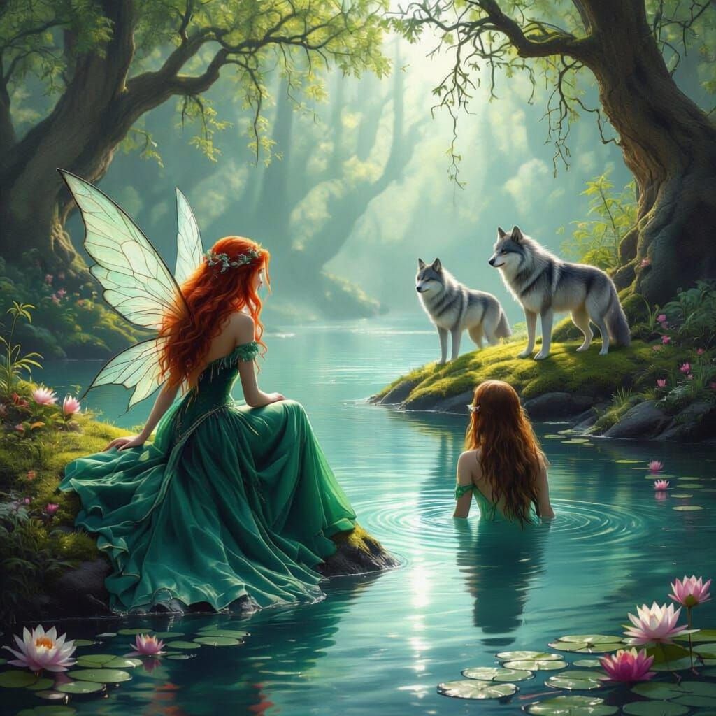 Fairy and Mermaid by Mystical Lake in 3D Anime Style