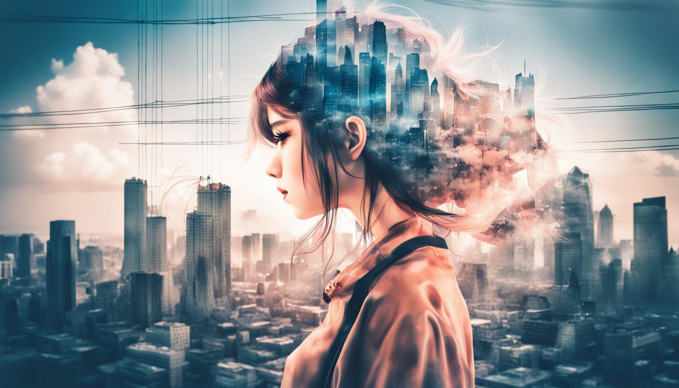 Anime Girl with City Hair Double Exposure