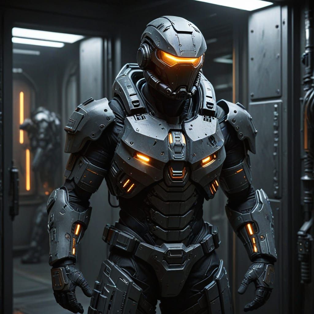 TALOS Suit Operator Breaches Doorway in Sci-Fi Concept Art
