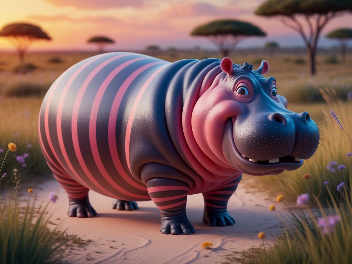 Whimsical Cartoon Hippo in Vibrant Sunset Savanna