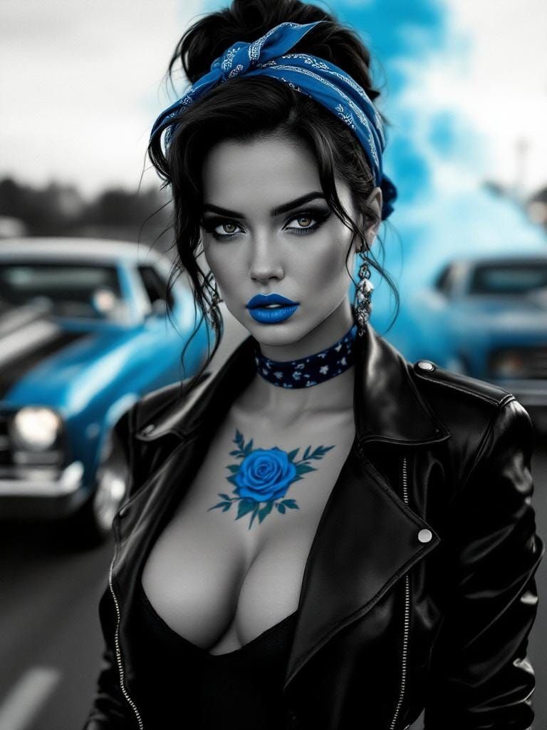 Retro-Modern Woman with Blue Rose in Avedon/Fairey Style