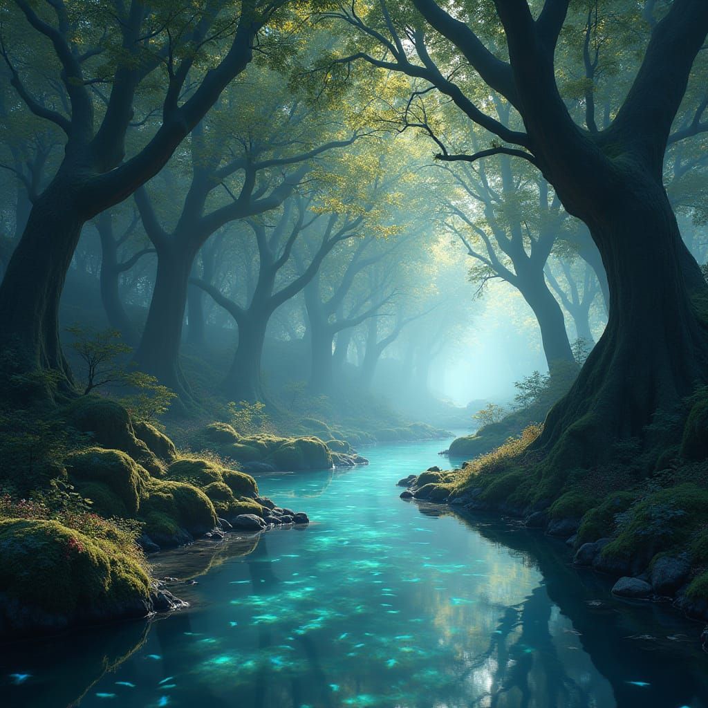 Opalescent Grove: Fantasy Dreamscape in Art Nouveau Style