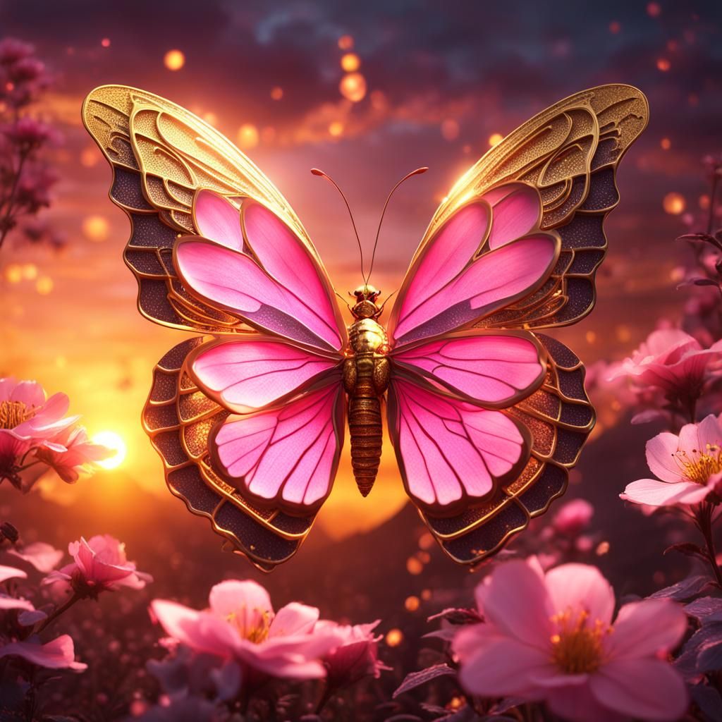 Golden Butterfly on Pink Flower at Sunset