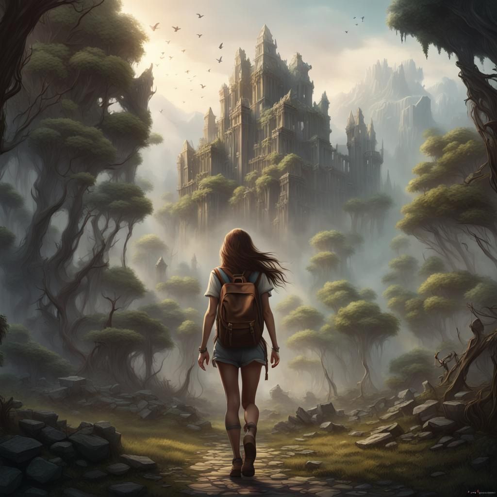 Fantasy Girl Walks Toward Forest City, Dark Concept Art