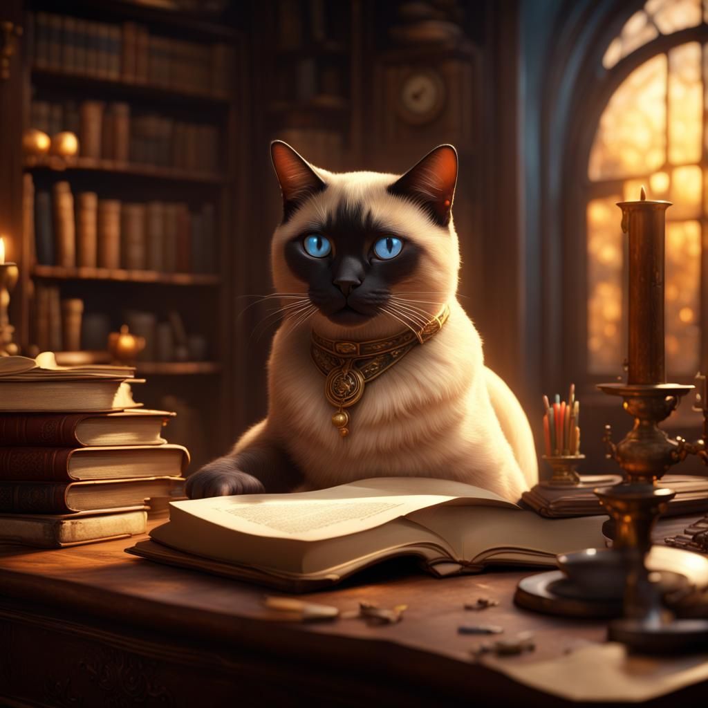Siamese Cat on Desk with Books and Fireplace
