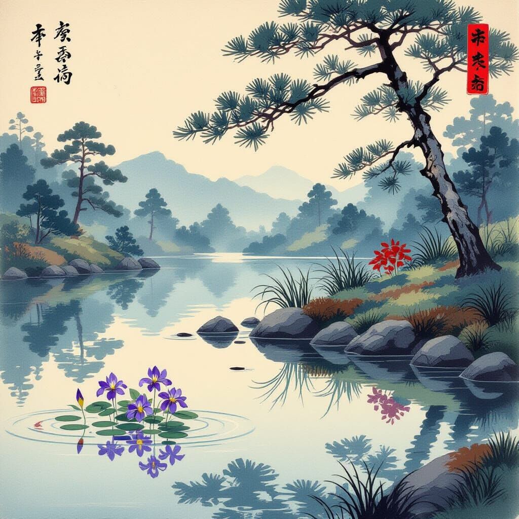 Japanese Pond with Irises in Ukiyo-e Style