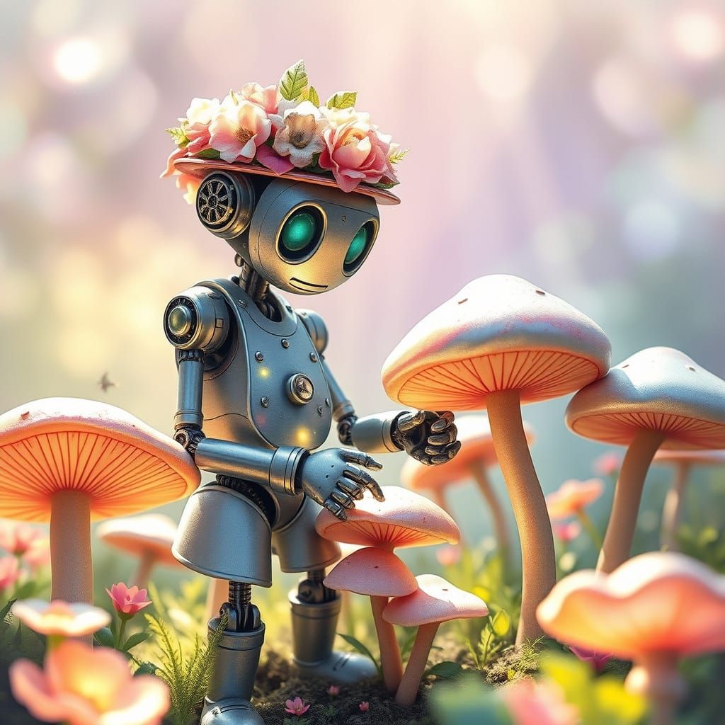 Whimsical Robot Tends Garden of Glowing Mushrooms