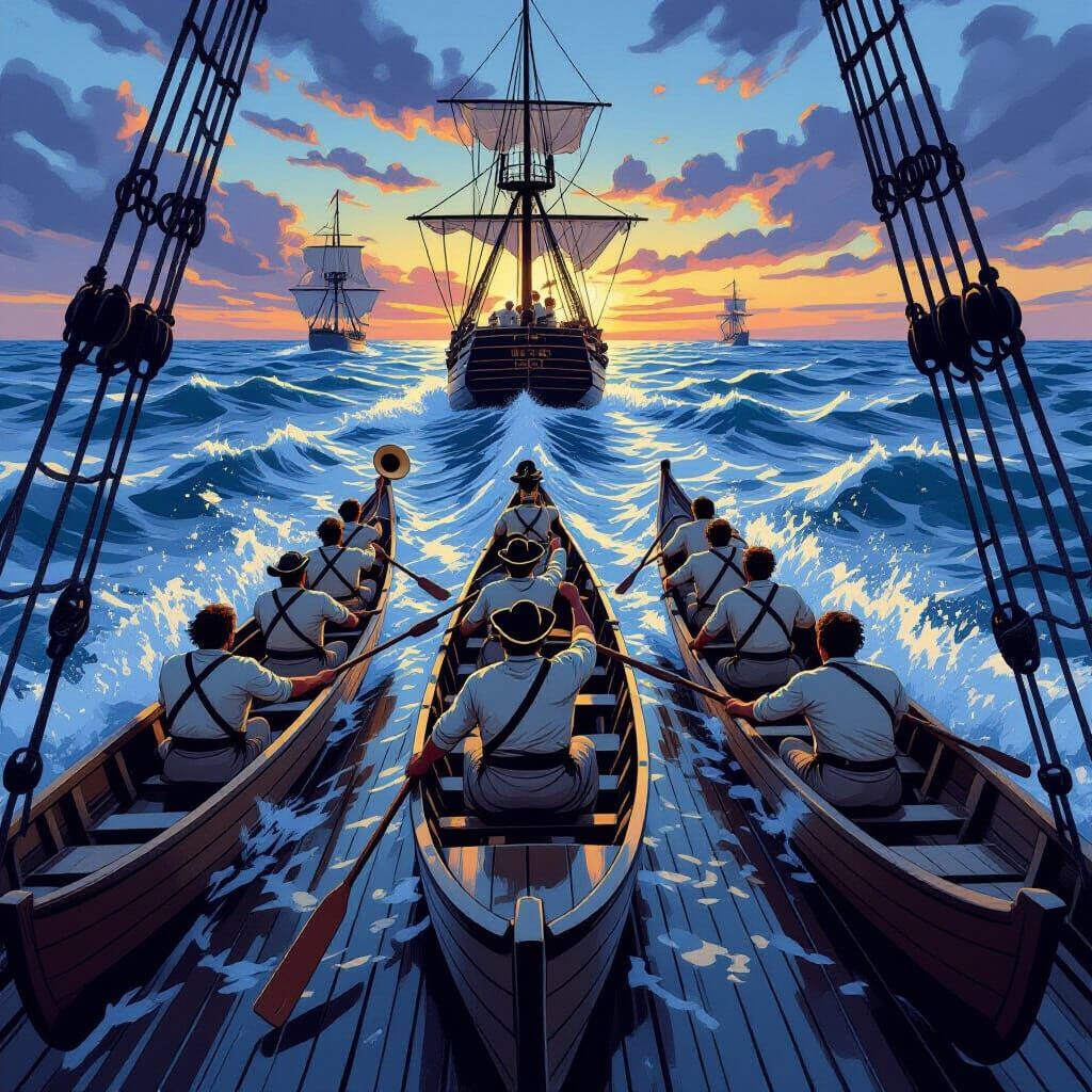 Longboats Tow USS Constitution in Twilight