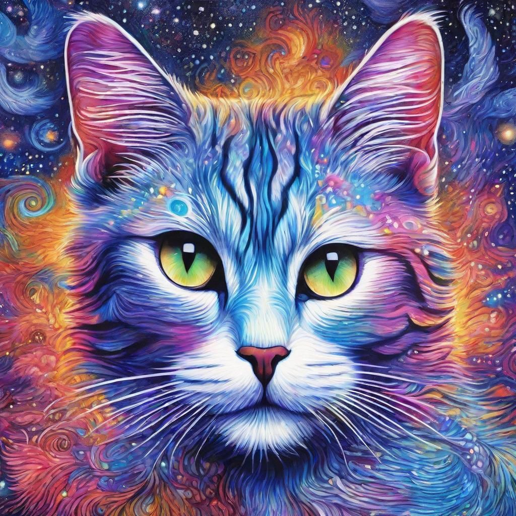 Cosmic Cat Portrait in Mixed Media Style