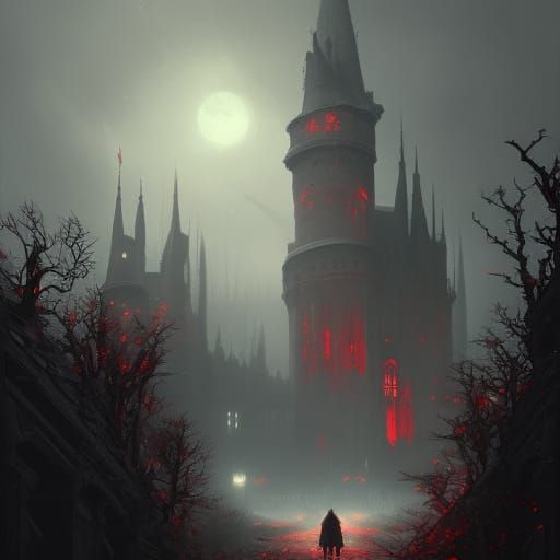 Dark Fantasy Castle with Red Windows