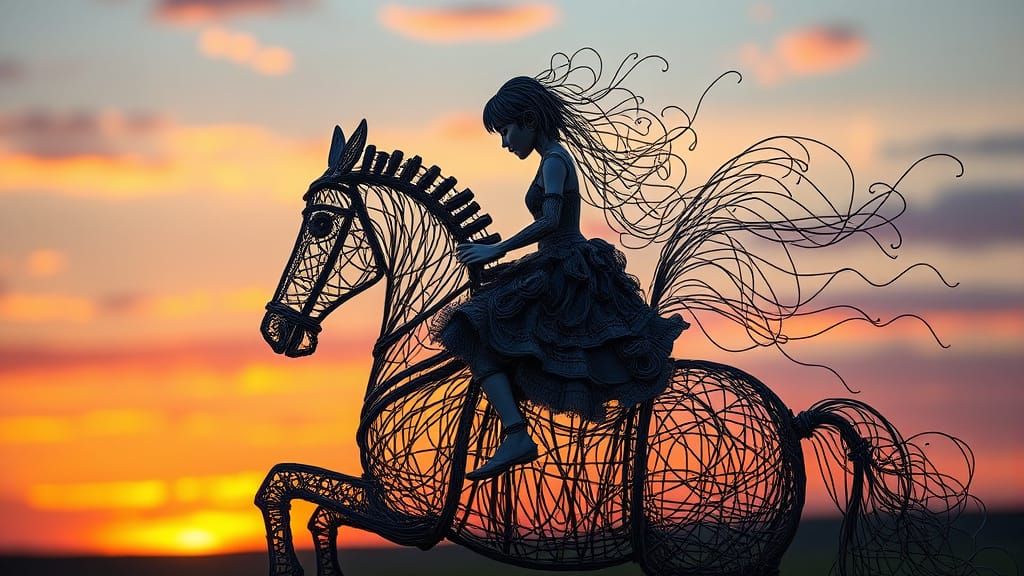 Ethereal Wire Girl on Horseback at Sunset