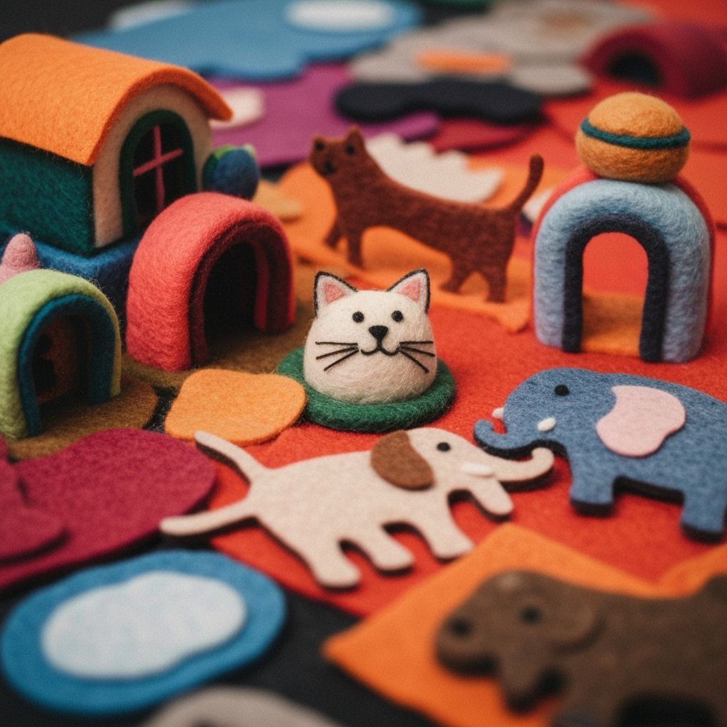 Playful Felted Animal Scene in Children's Illustration Style