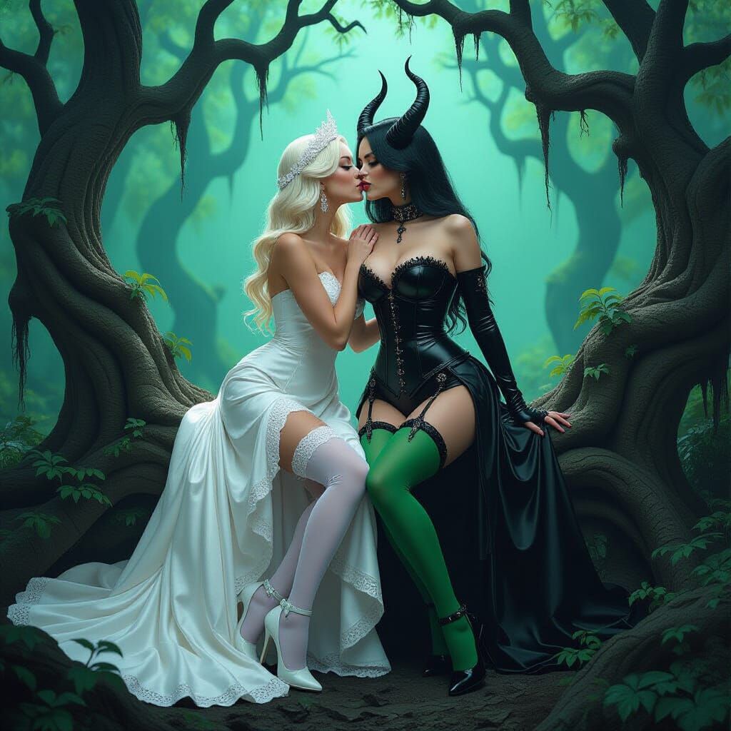 Angelic Lady Kissing Demon in Gothic Forest