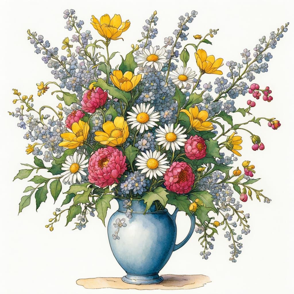 Colorful Cartoon Vase of Flowers Illustration