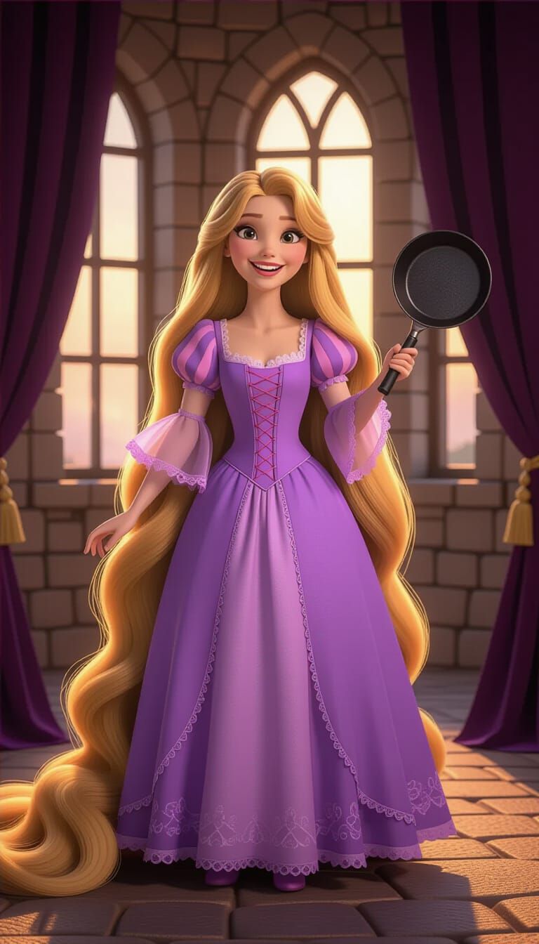 Golden-Haired Woman with Frying Pan in Magical Tower