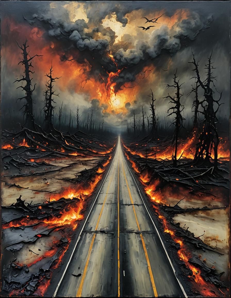 Dystopian Dreams: Encaustic Burning Sky and Highway