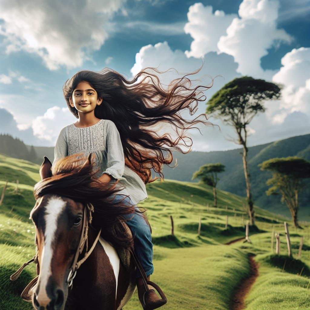Girl Rides Horse Through Picturesque Countryside