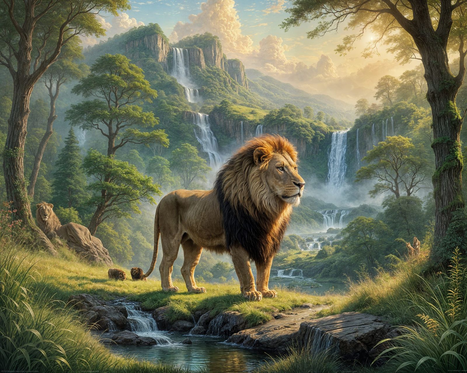 Lion in Grassy Landscape: Realistic Oil Painting