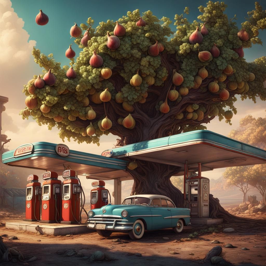 Retro Martian Gas Station with Lark and Fig Tree