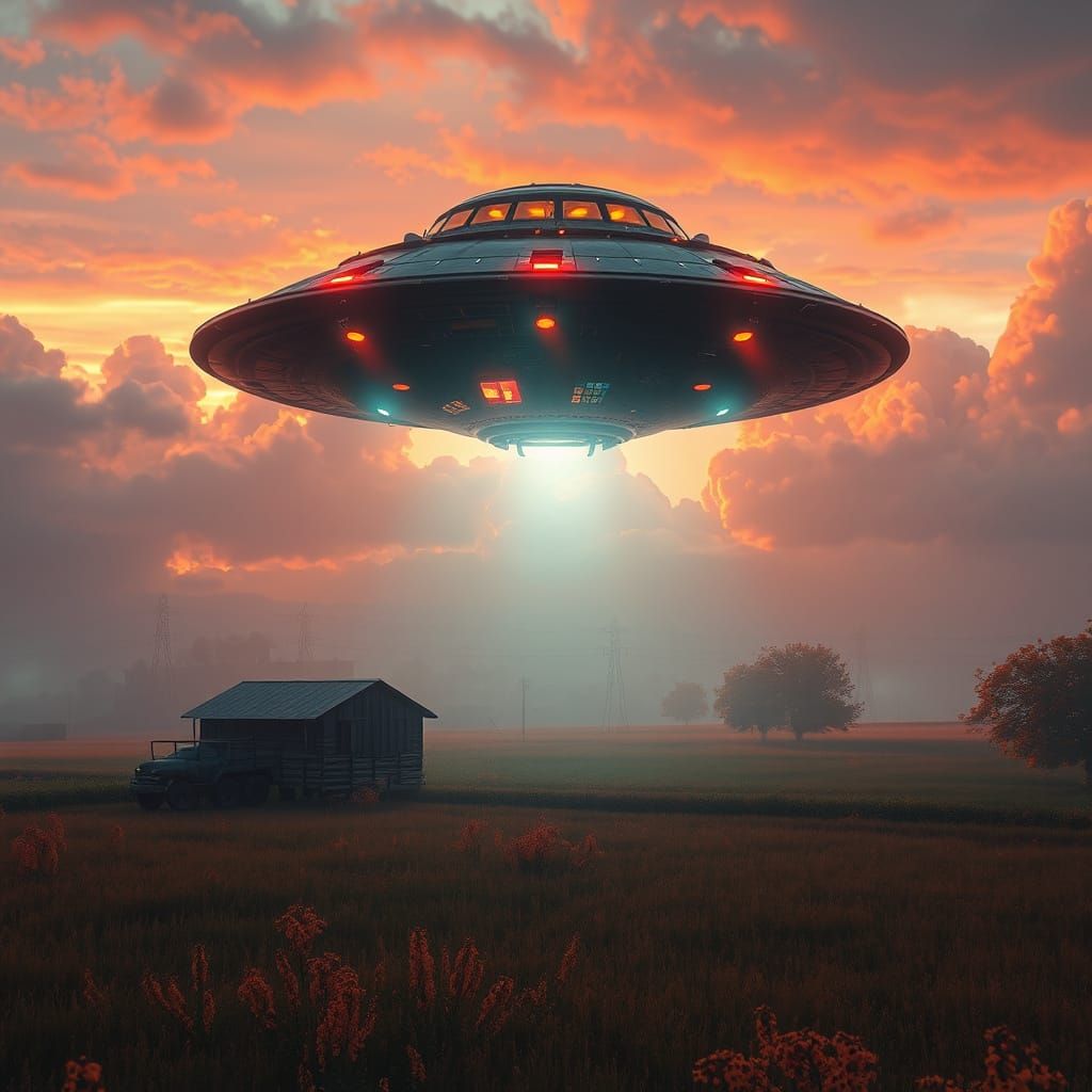 Alien UFO Sighting Over a Farm in Vibrant Triadic Colors