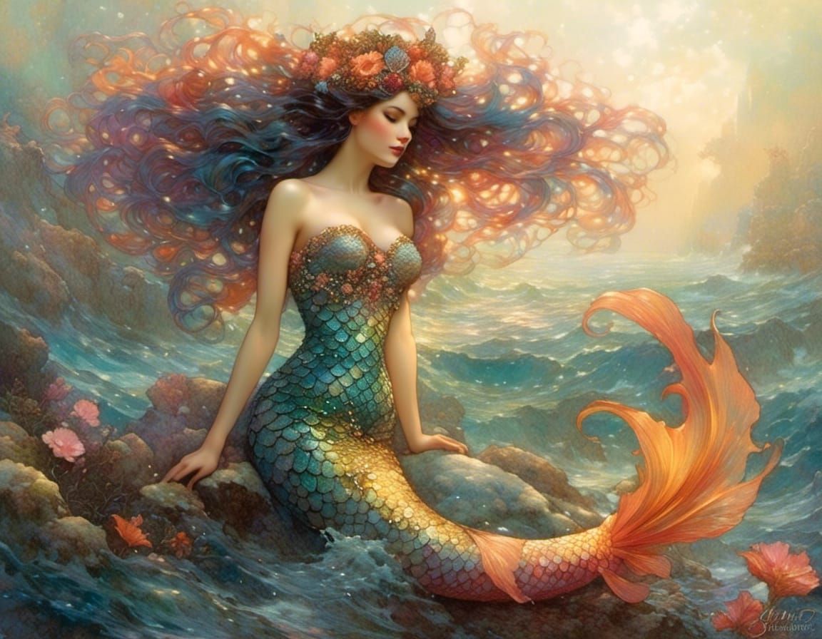 Enchanting Mermaid with Ombre Tail in Folklore Style