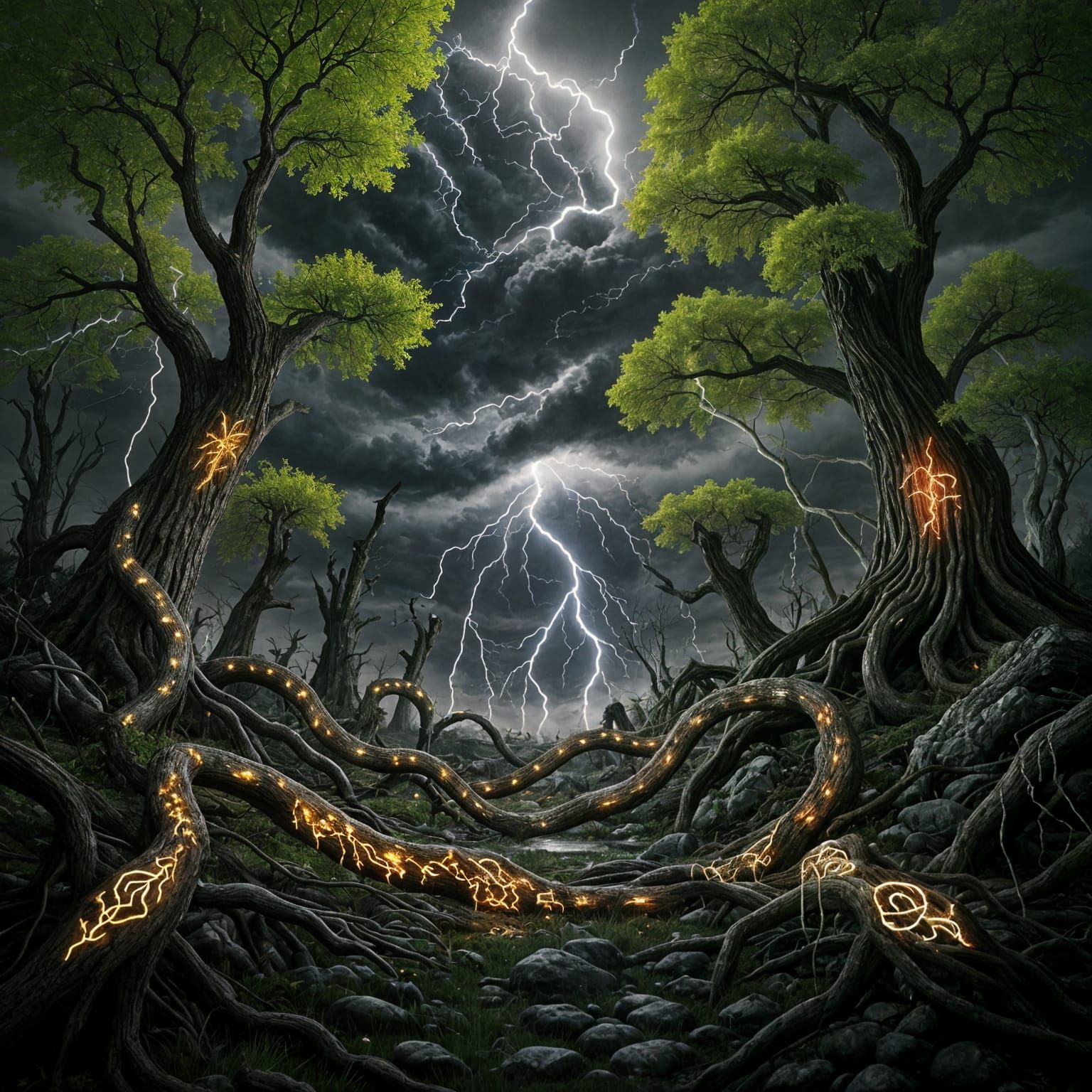 Dark Forest with Glowing Vines in Lightning Storm