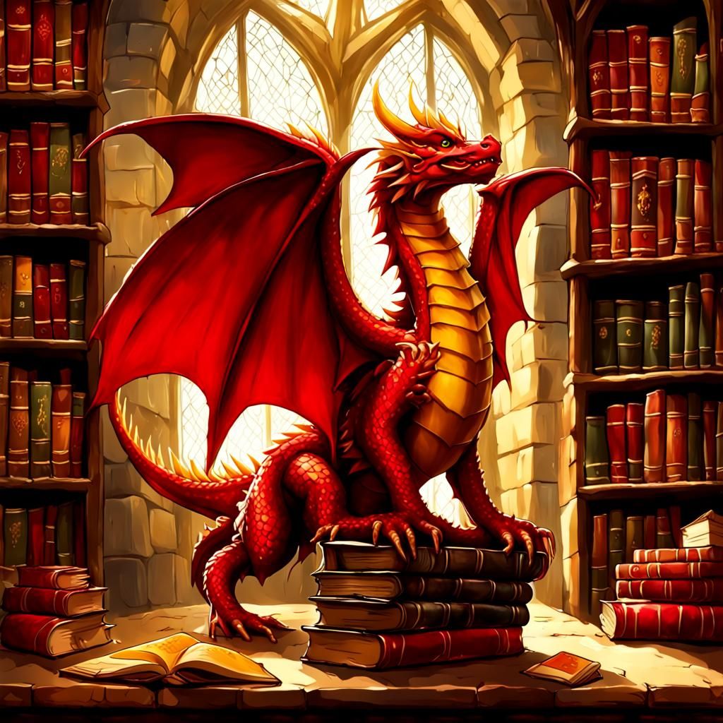 Gryffindor Dragon Hoarding Books in Grand Library