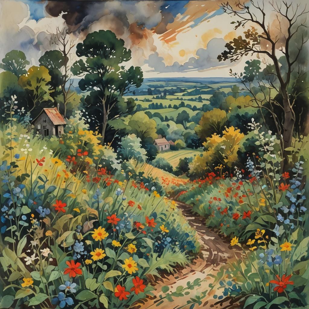 Burning Landscape: Impressionist Gouache Masterpiece