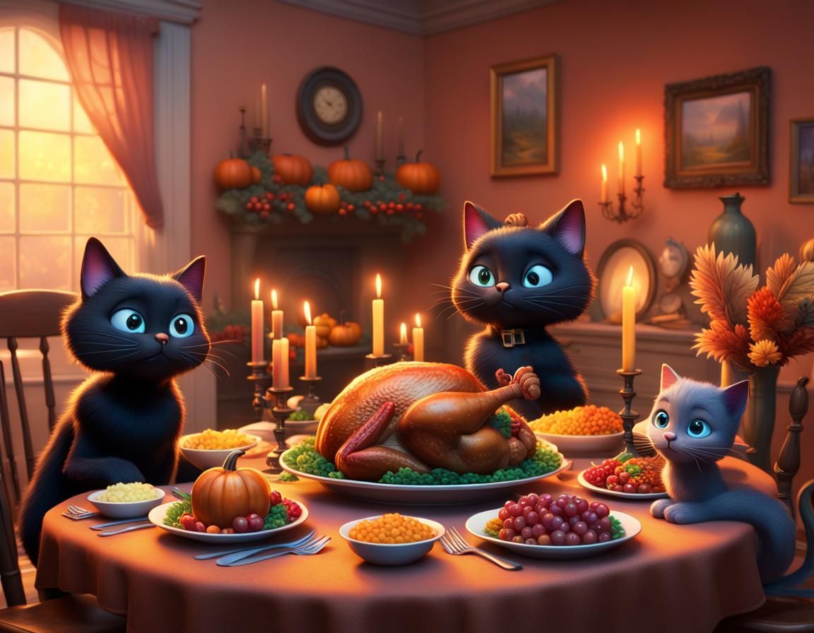 Festive Thanksgiving Dinner with Black Cat Family
