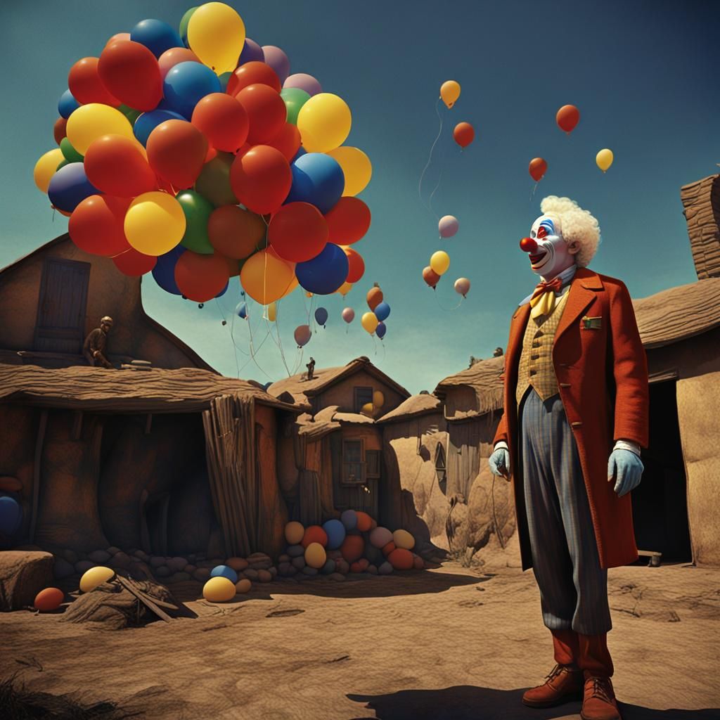 Clown Holding Balloons in Detailed Matte Painting Style