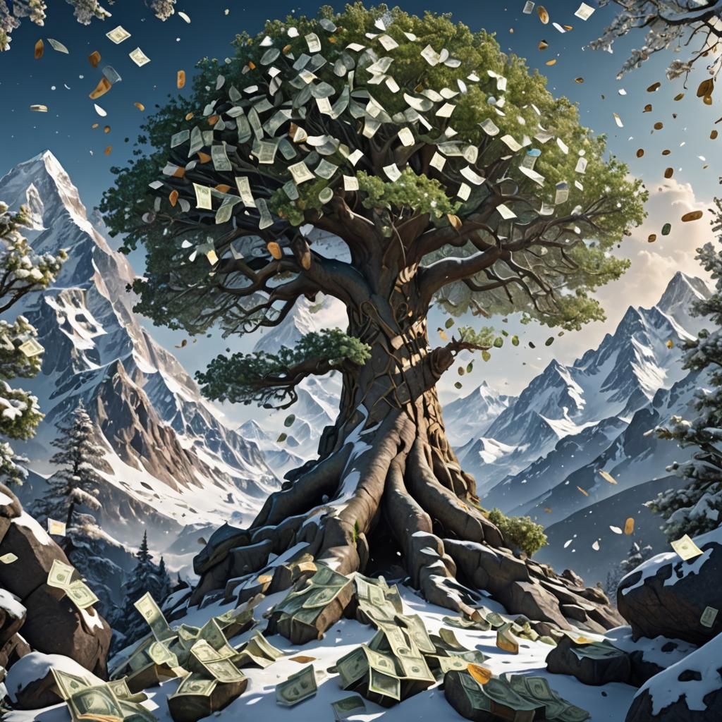 Money Tree Blooms on Snowy Mountain: Fantasy Art