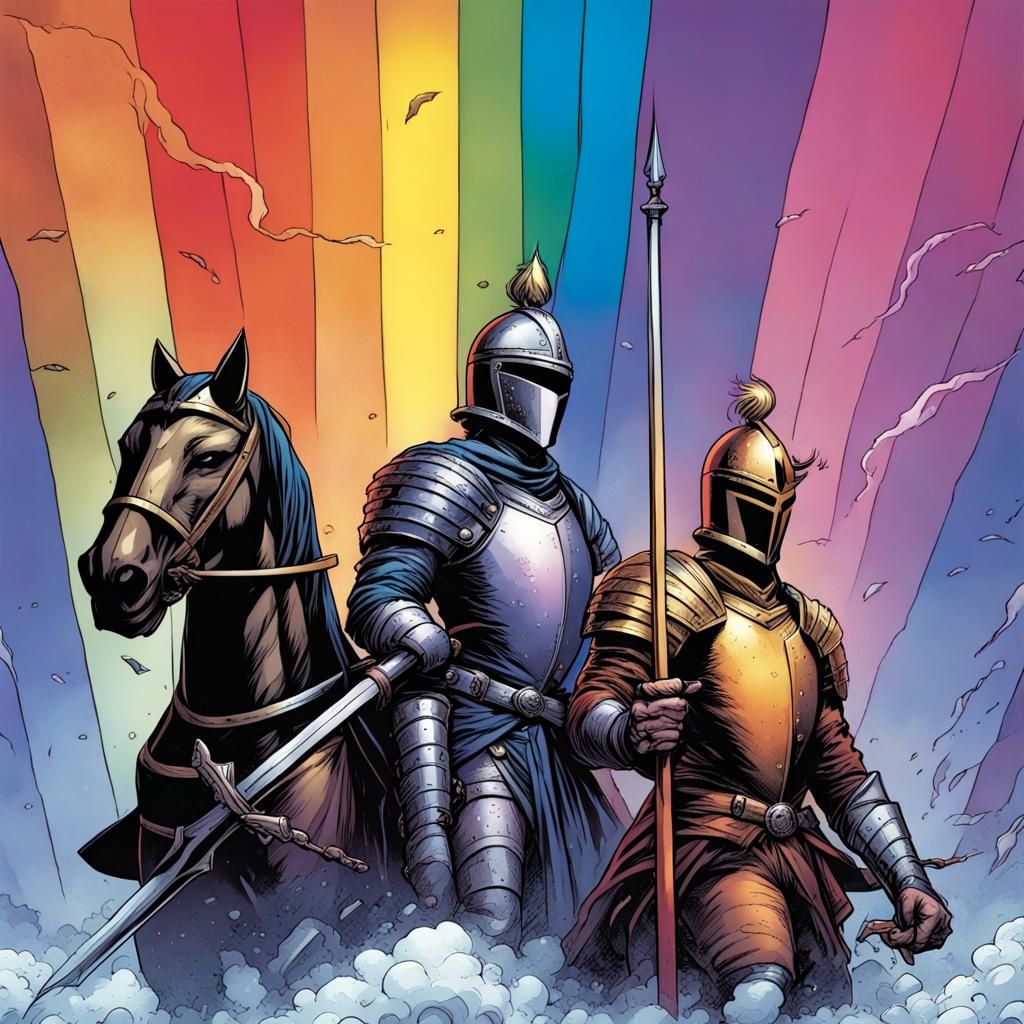 Gay Knights with Rainbow Flags in Comic Book Style