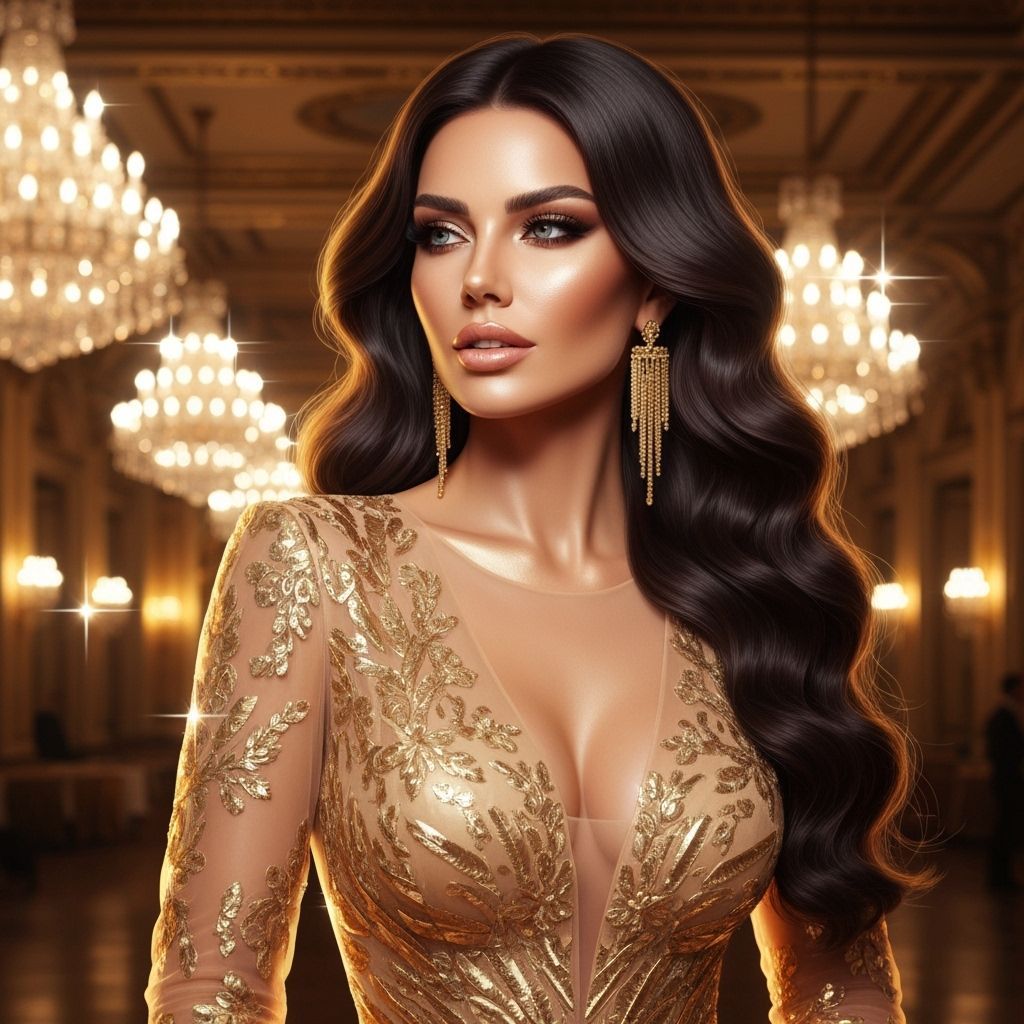 Glamorous Woman in Elegant Gold Dress in Ballroom