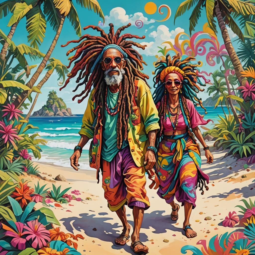 Hippy Couple on Tropical Beach in Gouache Style