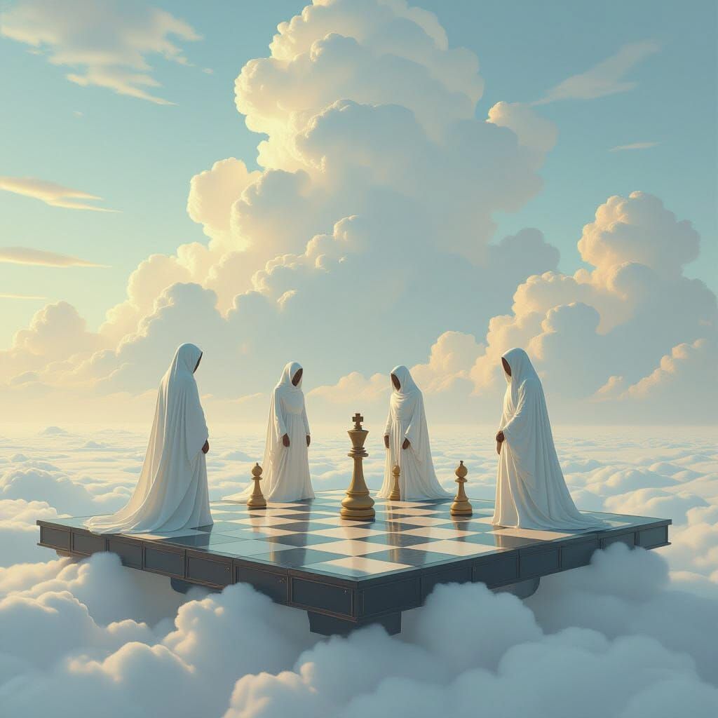 Dreamlike Chess Match on Floating Board in Serene Sky