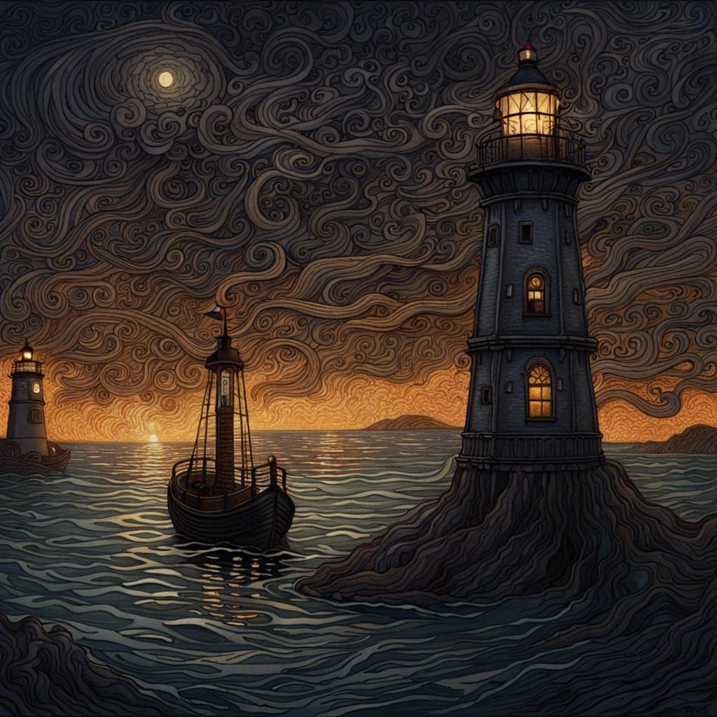 Eldritch Horror at Lighthouse in Gustav Klimt Style