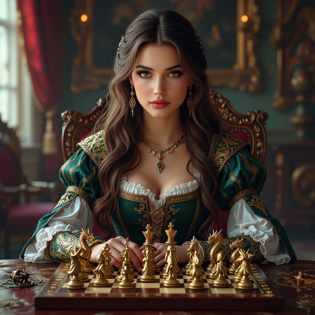 Elegant Lady in Medieval Attire Playing Dragon Chess