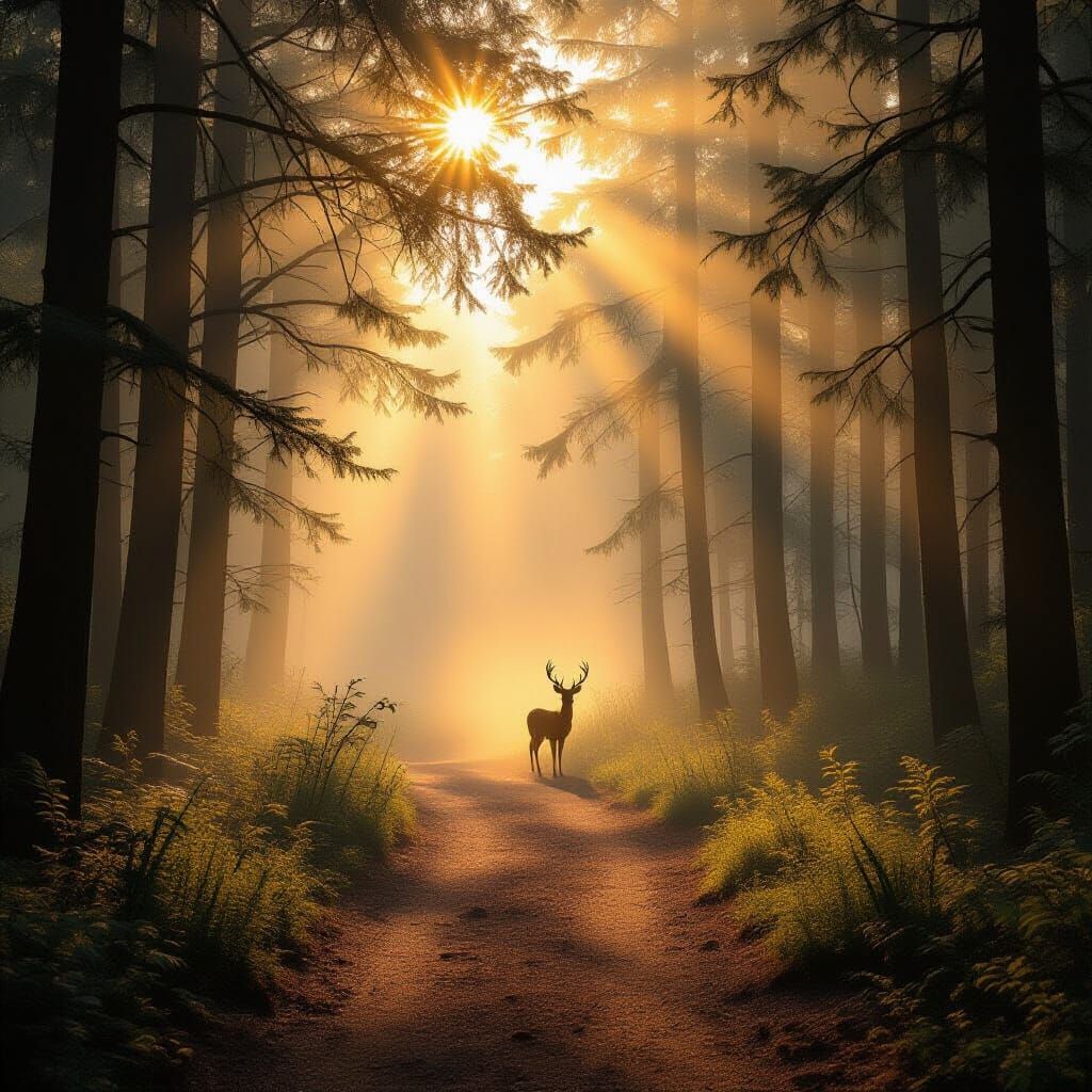 Ethereal Forest Path with Deer Silhouette
