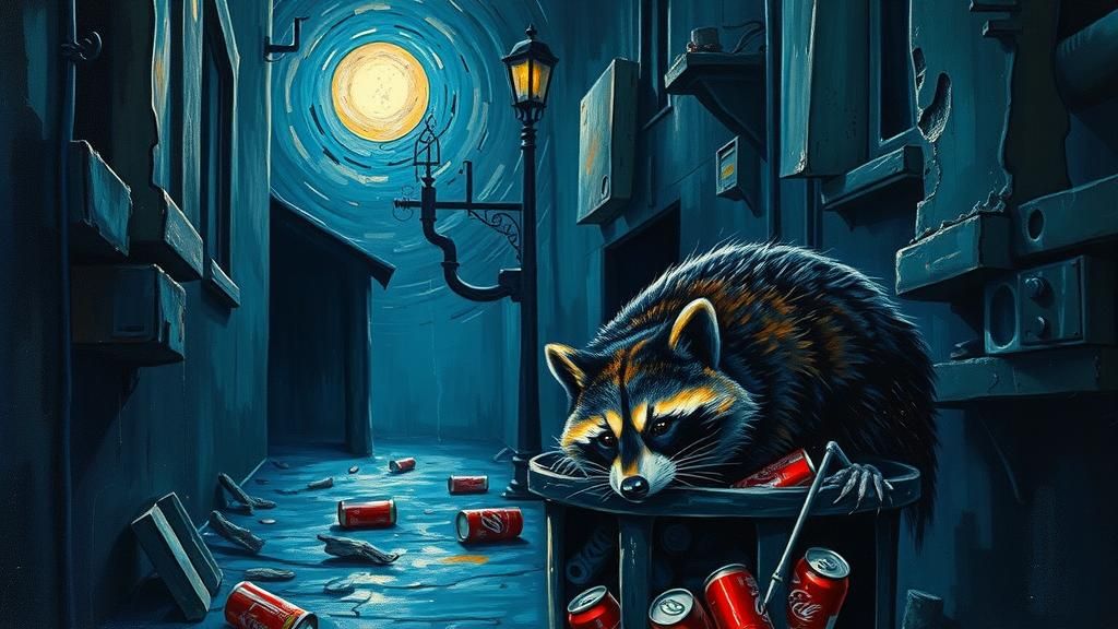 Raccoon Foraging in Moonlit Alley: Surrealist Digital Art